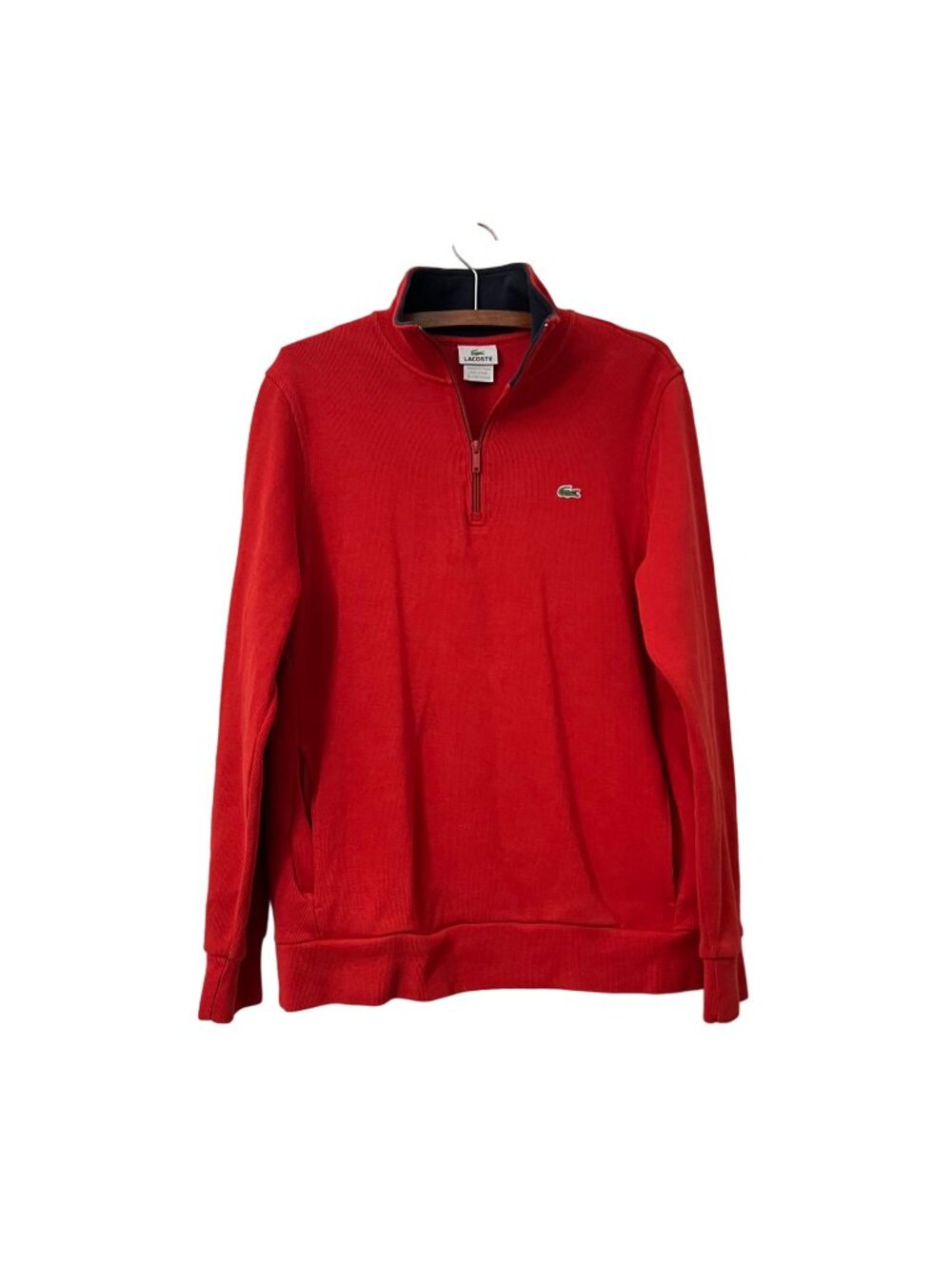 Lacoste Red Logo 1/2 Zip Mock Neck Cotton Knit Pullover Pockets Sweater SZ Large